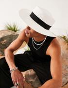 Asos Design Wide Brim Pork Pie Straw Hat In White With Black Band And Size Adjuster