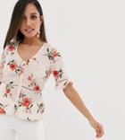 Fashion Union Petite Button Front Top With Ladder Detail In Ditsy Floral-pink