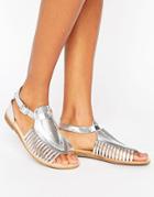 Hudson London Pansy T-bar Leather Flat Sandals - Silver