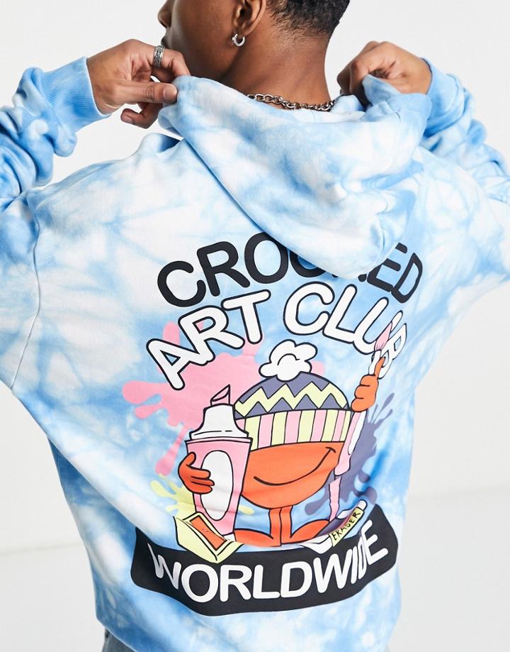 Crooked Tongues Oversized Tie Dye Hoodie With Art Club Graphic Print In Blue