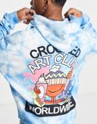 Crooked Tongues Oversized Tie Dye Hoodie With Art Club Graphic Print In Blue
