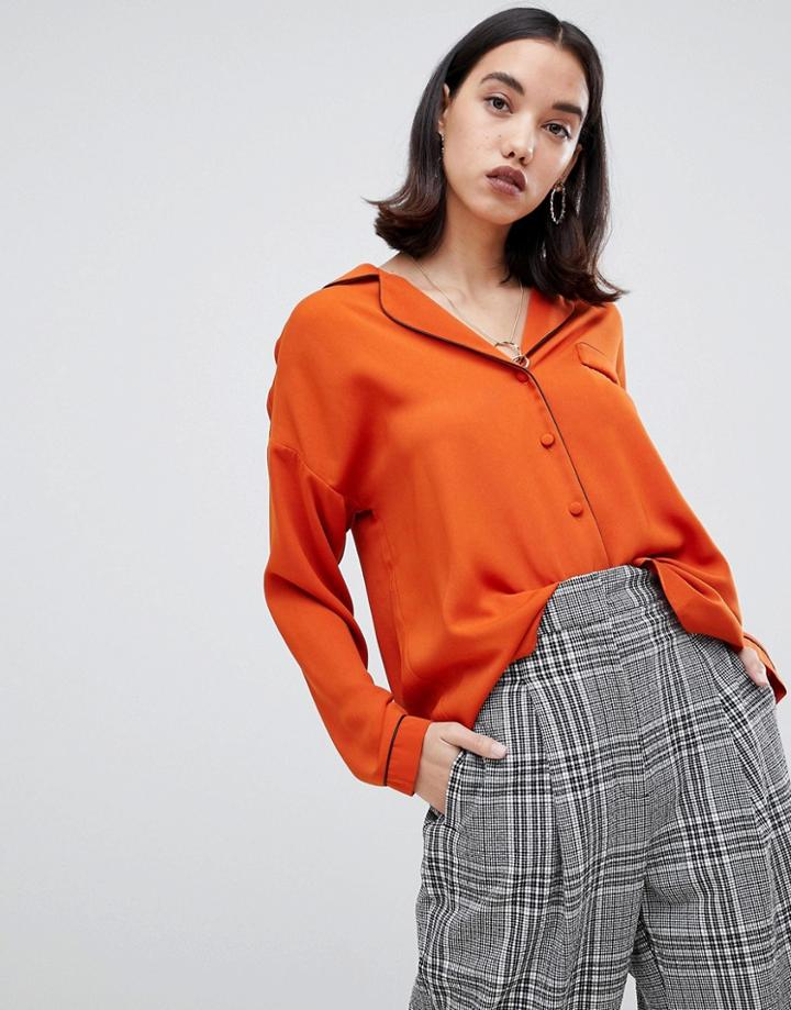 Asos Design Pyjama Style Shirt With Piping - Brown