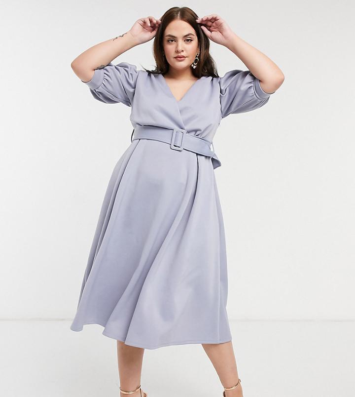 Asos Design Curve Exclusive Ruched Shoulder Belted Prom Midi Dress In Soft Blue