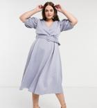 Asos Design Curve Exclusive Ruched Shoulder Belted Prom Midi Dress In Soft Blue