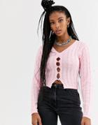 The Ragged Priest Shrunken Cardigan With Button Front In Cable Knit-pink