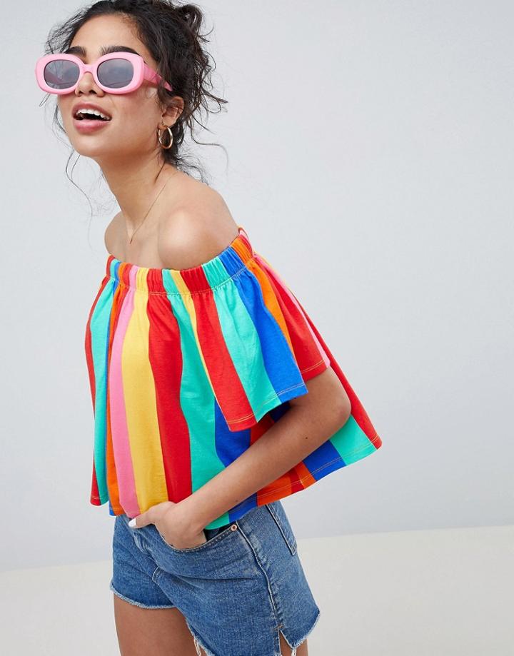 Asos Design Off Shoulder Top In Bright Stripe - Multi