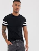 Asos Design Organic Skinny T-shirt With Stretch And White Contrast Sleeve Stripe In Black - Black