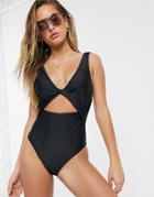 Asos Design Twist Front Cut Out Swimsuit In Black - Black