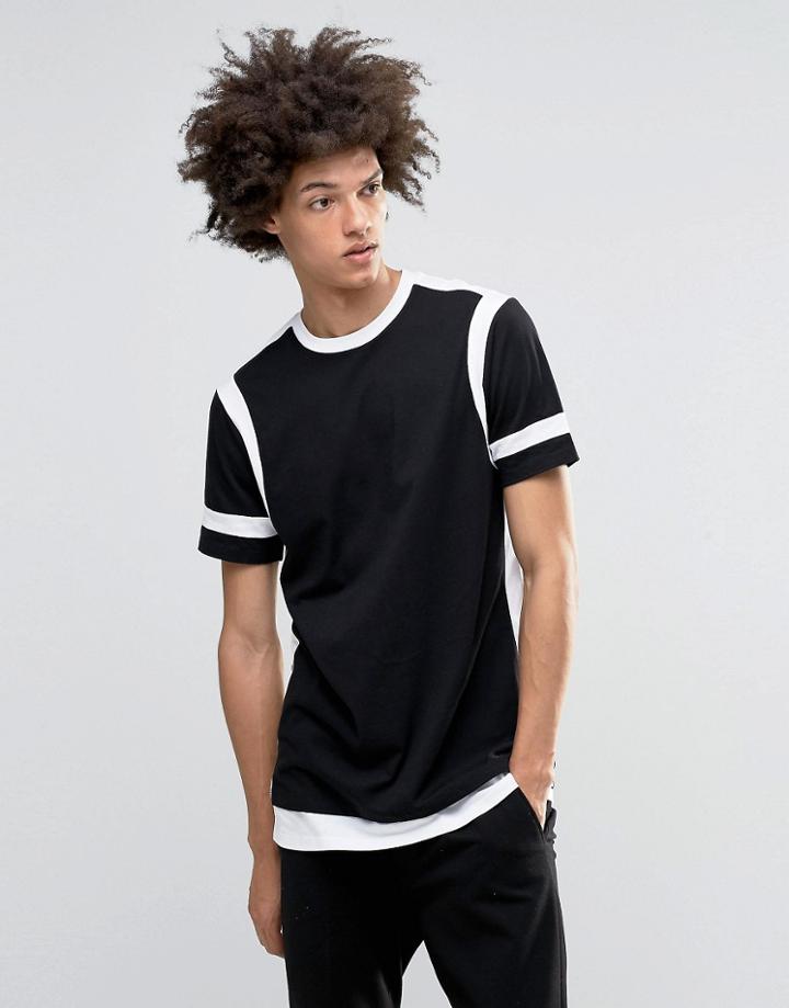 Asos Super Longline T-shirt With Monochrome Cut And Sew Detail And Contrast Hem - Black