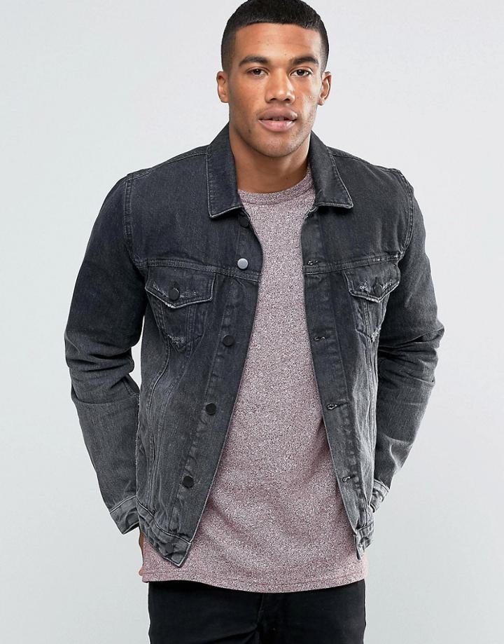 Asos Slim Denim Jacket In Black Ombre - Black