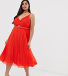 Asos Design Curve Pleated Midi Dress With Cami Straps And Belt-red