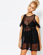 The Ragged Priest Sheer Overlay Dress In Ditsy Burn Out Floral With Cold Shoulder - Black