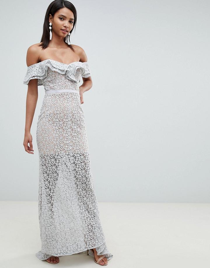 Jarlo All Over Lace Frill Bardot Fishtail Maxi Dress In Gray - Gray