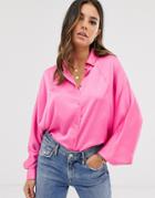Asos Design Batwing Sleeve Shirt In Satin - Pink