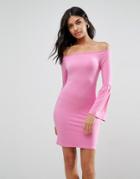 Asos Off Shoulder Bodycon Mini Dress With Trumpet Sleeves - Pink