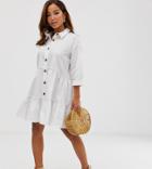 Asos Design Petite Button Through Tiered Mini Smock Dress-white