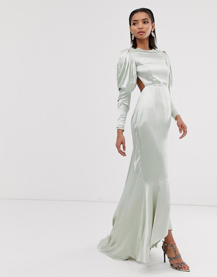 Asos Edition Satin Fishtail Maxi Dress With Dramatic Sleeve-green