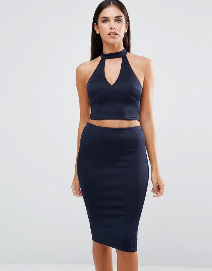 Ax Paris Choker Neck V Neck Crop Top - Navy