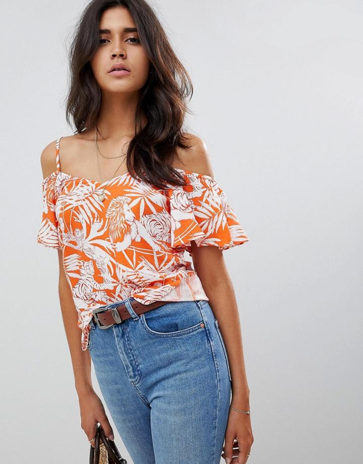 Warehouse Cold Shoulder Blouse In Tropical Print - Orange