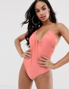 Asos Design Slinky Drape Back Thin Strappy Back Swimsuit In Mink - Pink