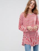 Asos Top With Balloon Sleeve And Ruffle Hem In Stripe - Multi