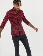 Asos Design Skinny Fit Polka Dot Shirt In Burgundy - Red