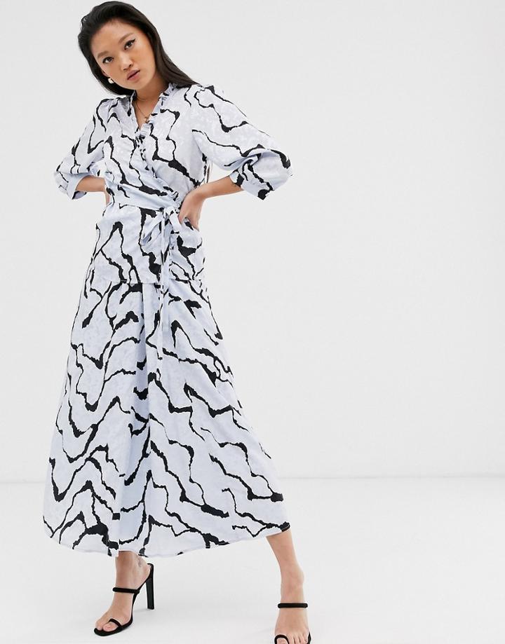 Gestuz Aylin Wrap Blouse With Frill Detail In Abstract Ripple Print - Blue