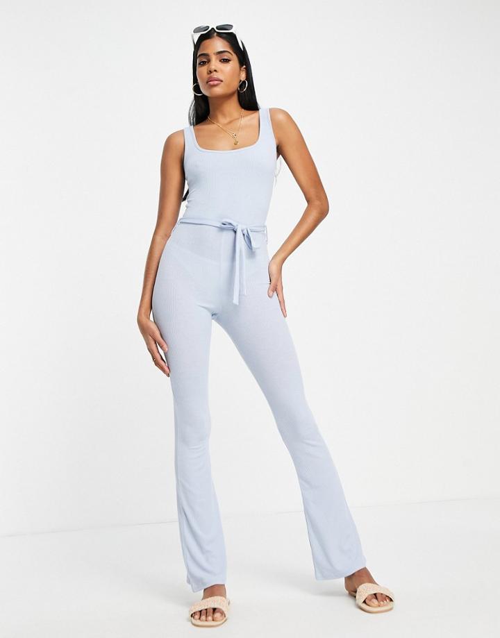 Miss Selfridge Scoop Neck Rib Tie Waist Jumpsuit-neutral