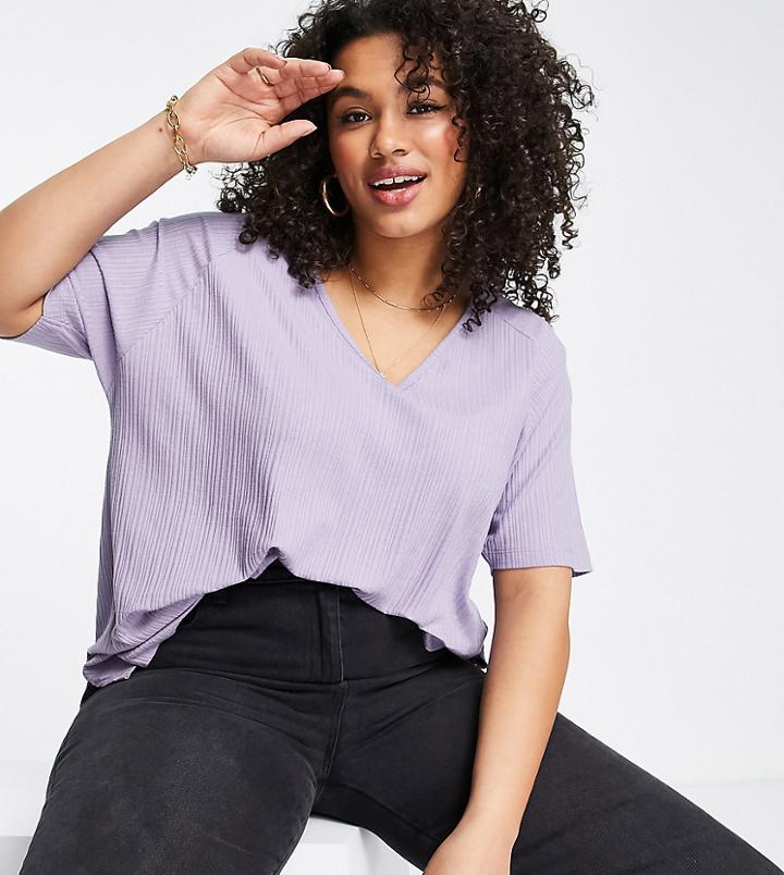 Asos Design Curve Oversized V-neck Ribbed T-shirt In Lilac-purple