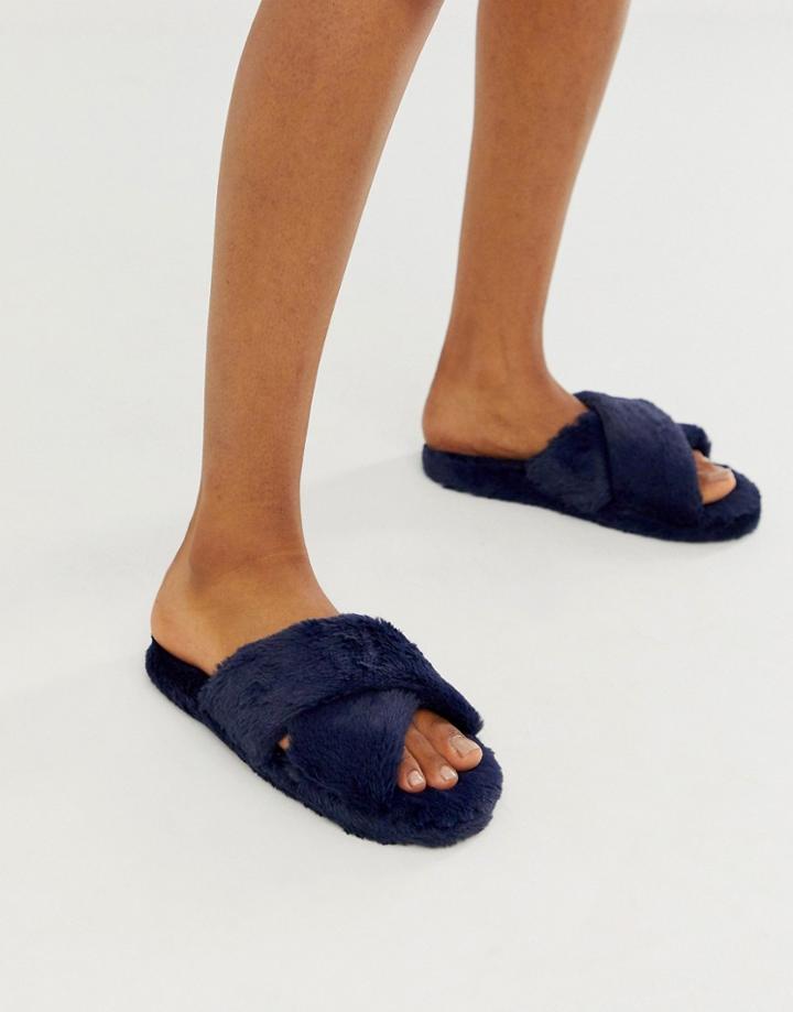 Asos Design Neve Cross Strap Slider Slippers In Navy - Navy