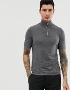 Asos Design Knitted Half Zip T-shirt In Charcoal Twist - Gray