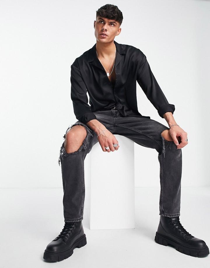 New Look Oversized Long Sleeve Satin Shirt In Black