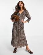Vila Recycled Blend Printed Midi Dress With Shirred Volume Sleeve In Leopard Print-brown
