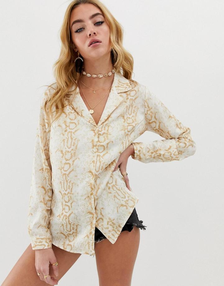 Asos Design Relaxed Satin Long Sleeve Shirt In Snake Animal Print-multi
