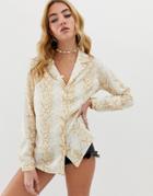 Asos Design Relaxed Satin Long Sleeve Shirt In Snake Animal Print-multi
