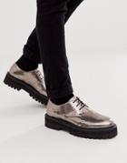 Asos Design Lace Up Shoes In Gunmetal Faux Leather On Raised Chunky Sole-silver