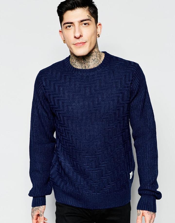 Bellfield Textured Knit Crew Neck Sweater - Navy