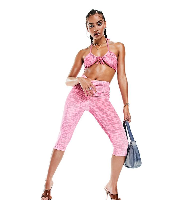 Asyou Velour Capri Leggings Set In Pink Monogram