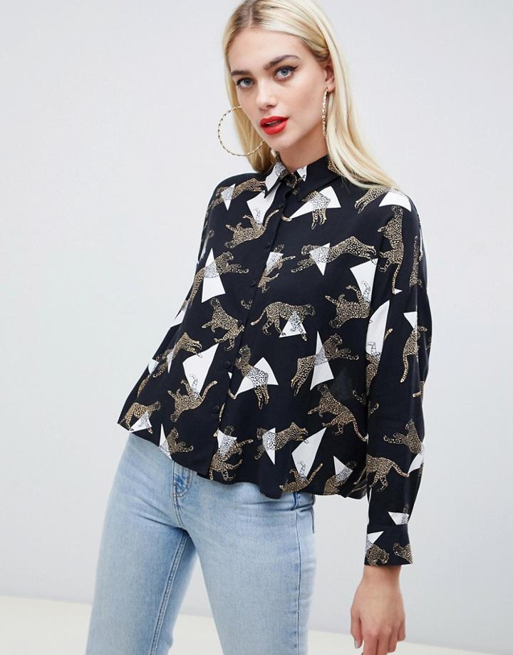Asos Design Cropped Shirt In Geo Leopard Print - Multi