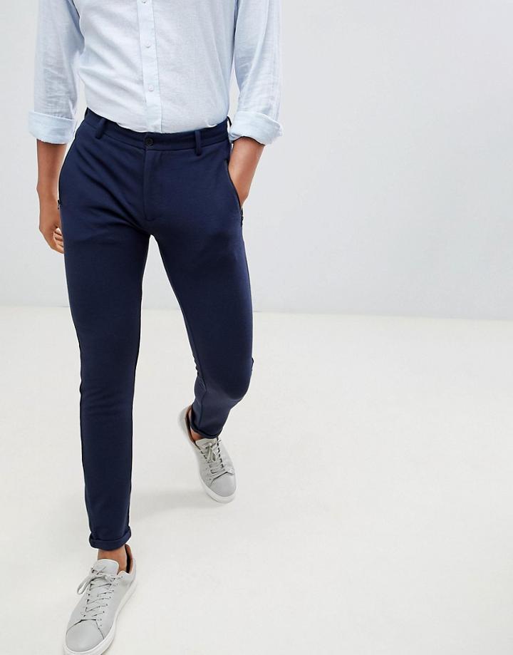 Clean Cut Waffle Jersey Cropped Turn Up Chino Pants - Navy