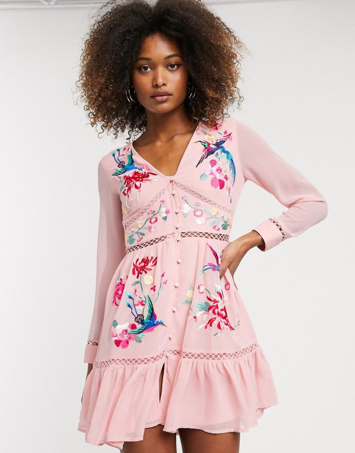 Asos Design Embroidered Skater Mini Dress With Lace Trims And Pephem-pink