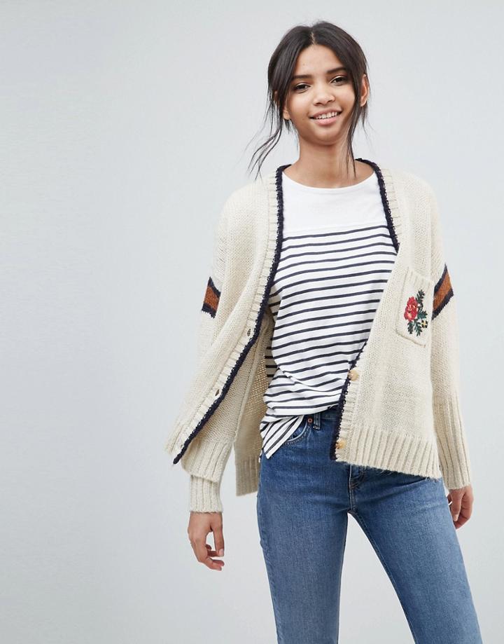 Leon And Harper Embroidered Varsity Cardigan - Cream