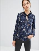 Vero Moda Ruffle Neck Floral Blouse - Navy