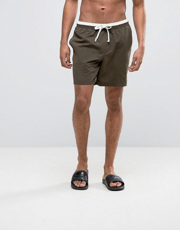 Asos Swim Shorts In Khaki With Color Block Waist In Mid Length - Green