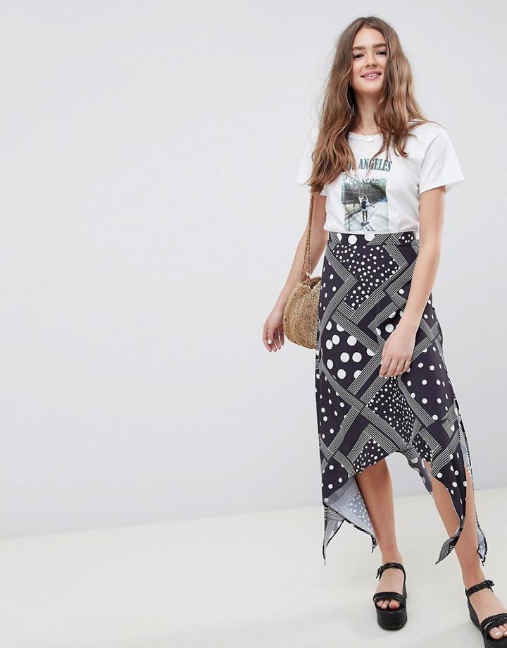 Asos Design Spot And Stripe Midi Skirt With Hanky Hem - Multi