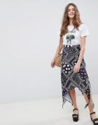 Asos Design Spot And Stripe Midi Skirt With Hanky Hem - Multi