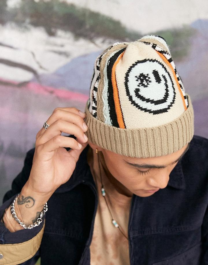 Asos Design Mixed Knit Beanie With 90's Retro Design And Logo In Multicolor