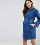 Asos Maternity Denim Shirt Dress In Midwash Blue With Elastic Waist - Blue