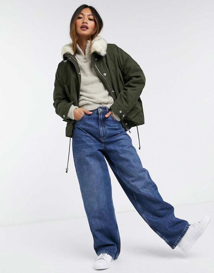 Mango Parka Coat With Faux Fur Collar In Khaki-green