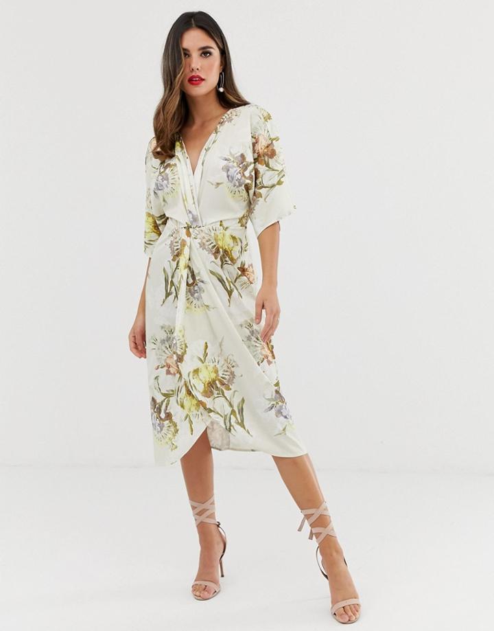 Hope & Ivy Knot Front Midi Dress In Summer Floral Print-multi
